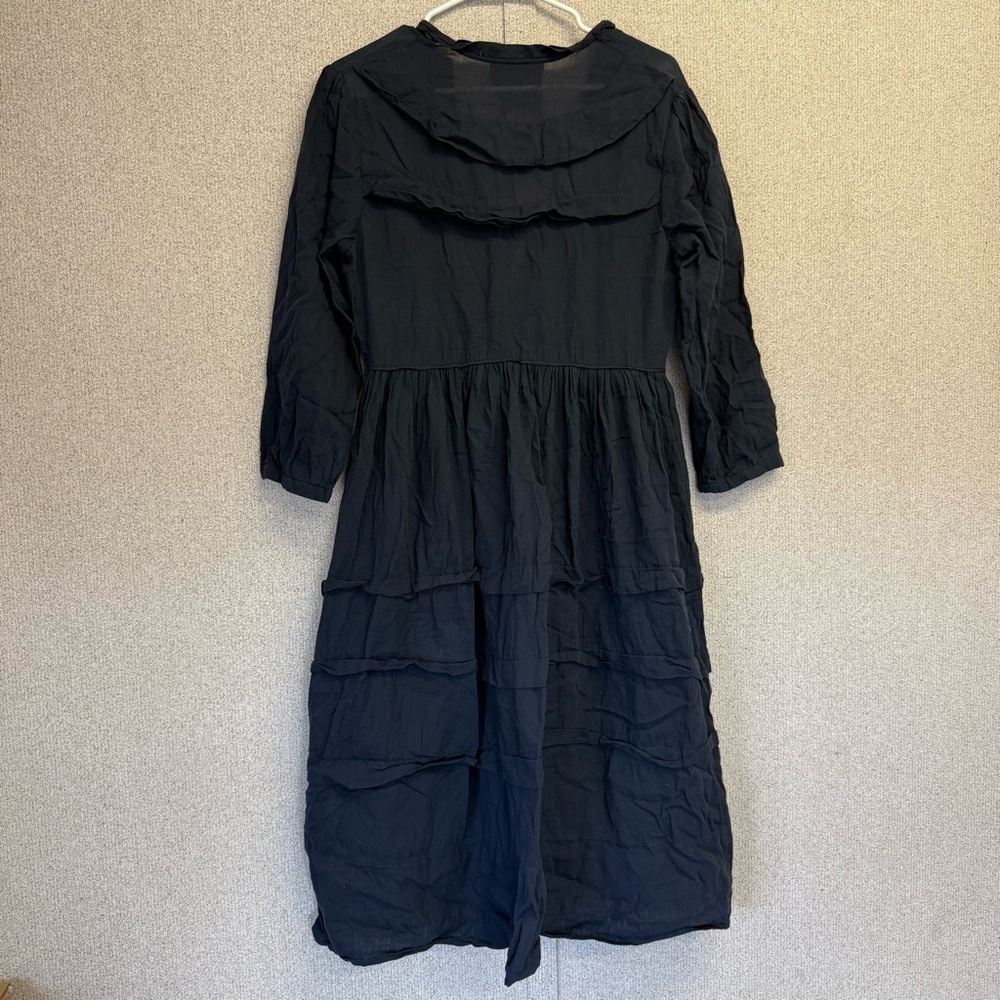 Loup Charmant Scallop Organic Cotton Navy Blue Tiered V-neck Midi Dress - Picture 3 of 11